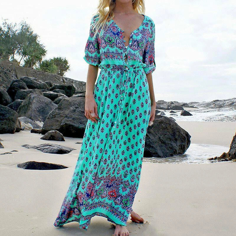 Women Boho Floral Long Maxi Dress  Summer Beach Sundress Ladies UK